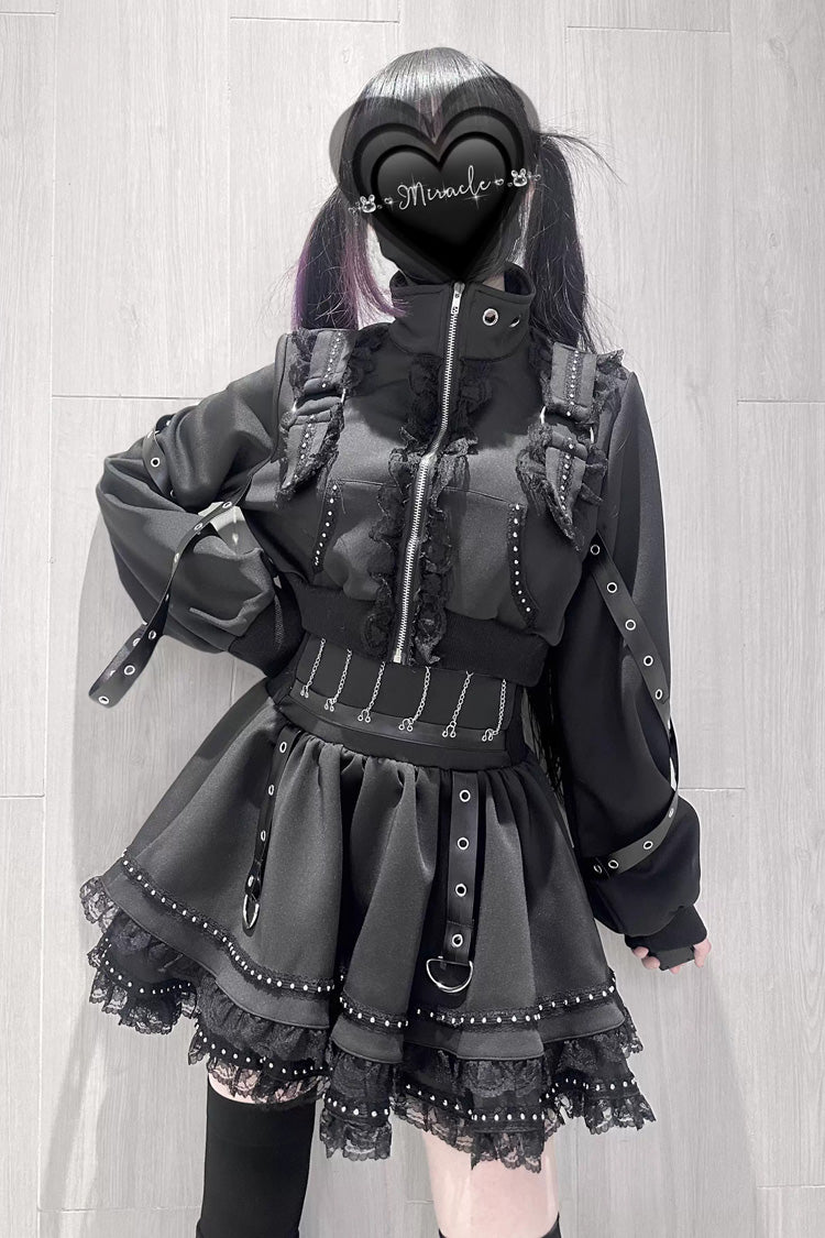 ブラック [誤審] フリルレースジッパーゴシックジライ系和風ハンサムスカートセット