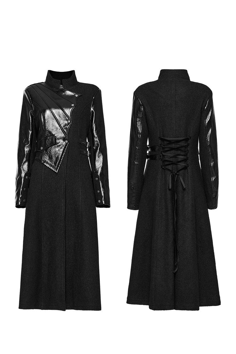 Black Stand Collar Print Faux Leather Stitching Womens Gothic Coat