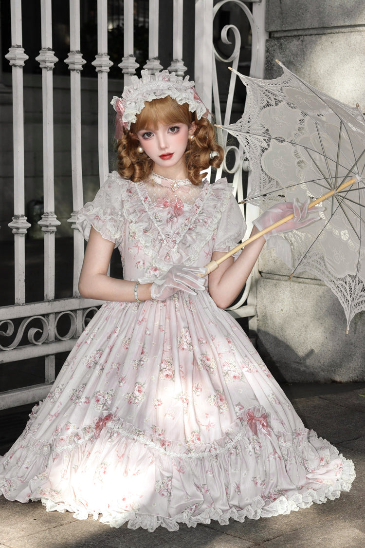 [Daydream Rose] Kurzärmliges Kleid mit Blumen-Jacquard-Print, Rüschenstickerei, Schleifenknoten, Sweet Lolita, in 3 Farben 