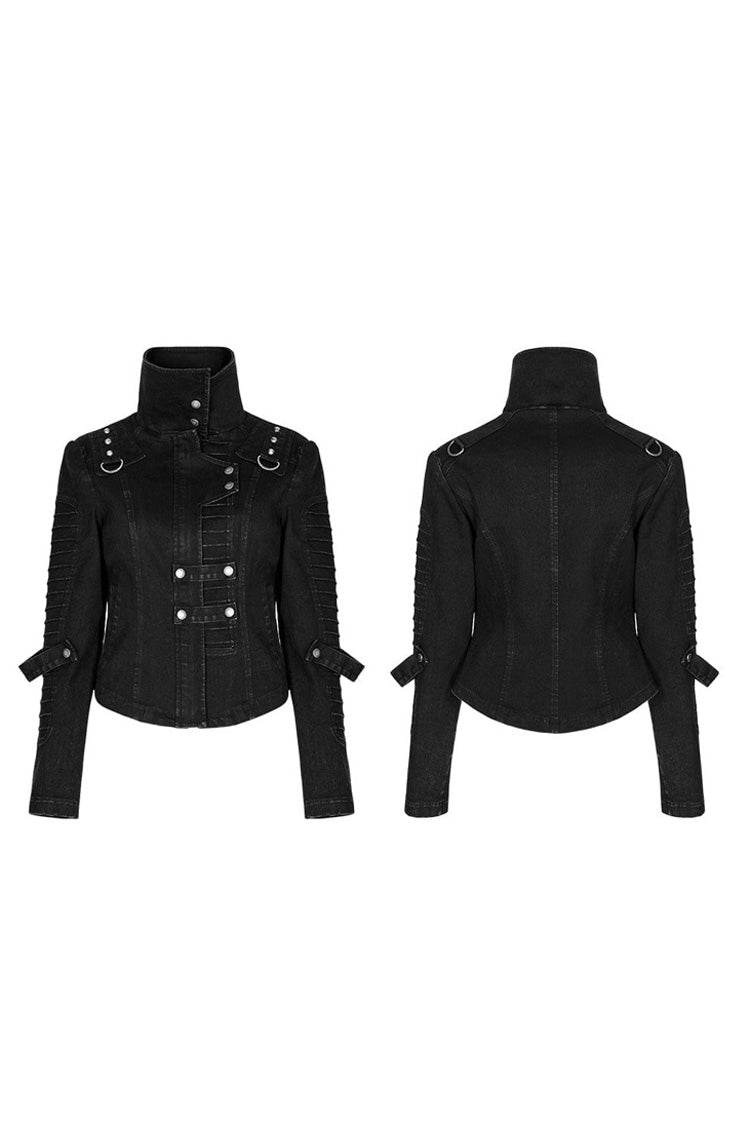 Black Denim Slant Pocket Washed Distressed Stretch Women's Punk Jacket