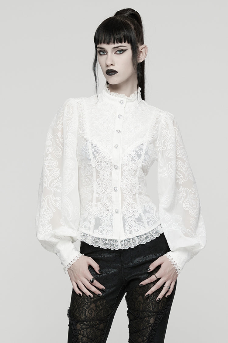 White Stand Collar Long Puff Sleeves Floral Embroidered Women's Gothic Blouse