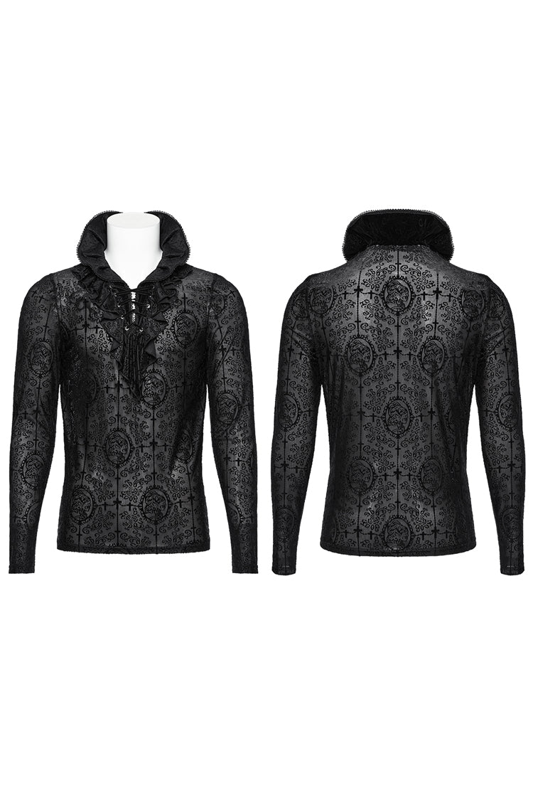Black Stand Collar Long Sleeves Print Ruffle Men's Gothic Blouse