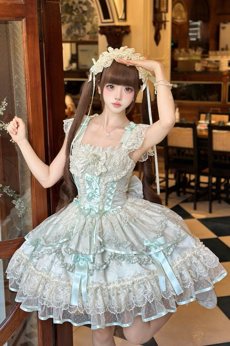 Light Green [Dreaming Butterfly] Multi-Layered Jacquard Ruffle Bowknot Lace Sweet Princess Lolita Jsk Dress