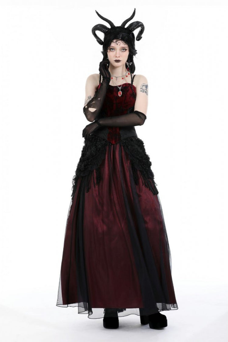 Jupe longue gothique à lacets et pompons en maille pour femmes, noir/rouge