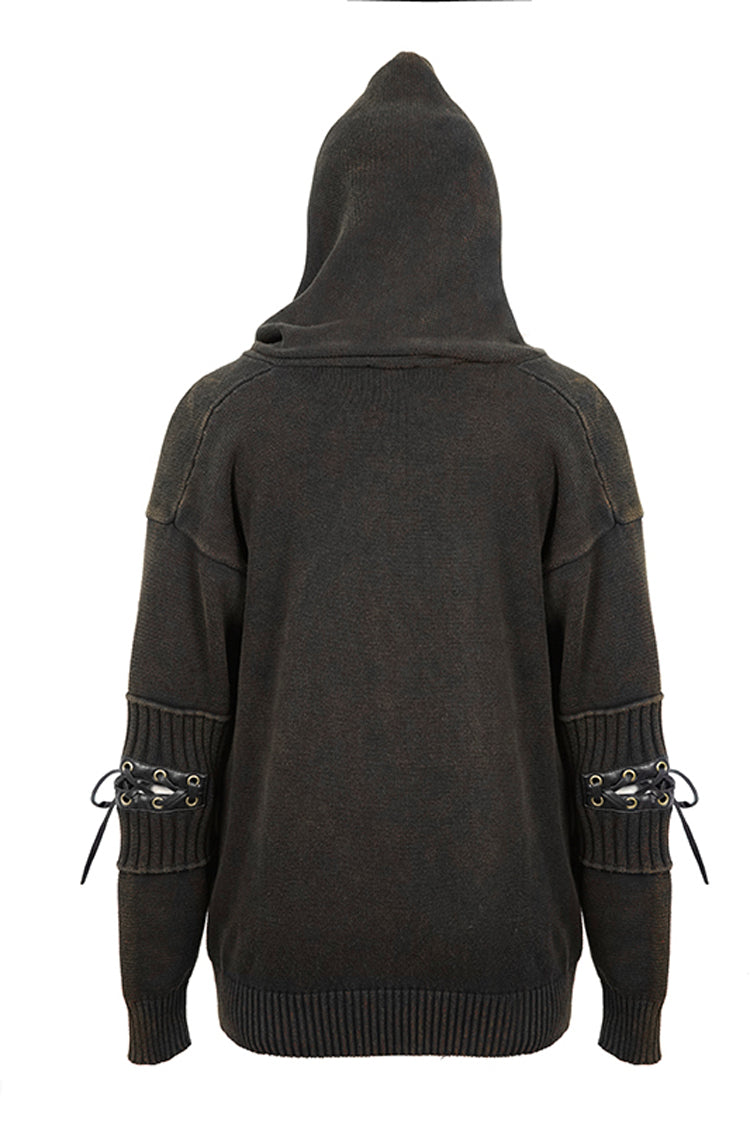 Brown Worn-Out Long Sleeve Elbow Leather Strip Lace-Up Hooded Coarse Knit Men's Punk Sweater