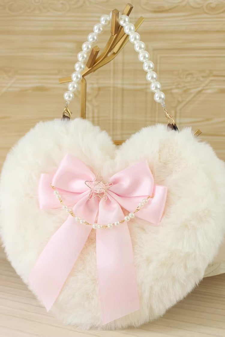 Sac à main Lolita doux avec nœud papillon en forme de cœur duveteux et perles, 17 couleurs 