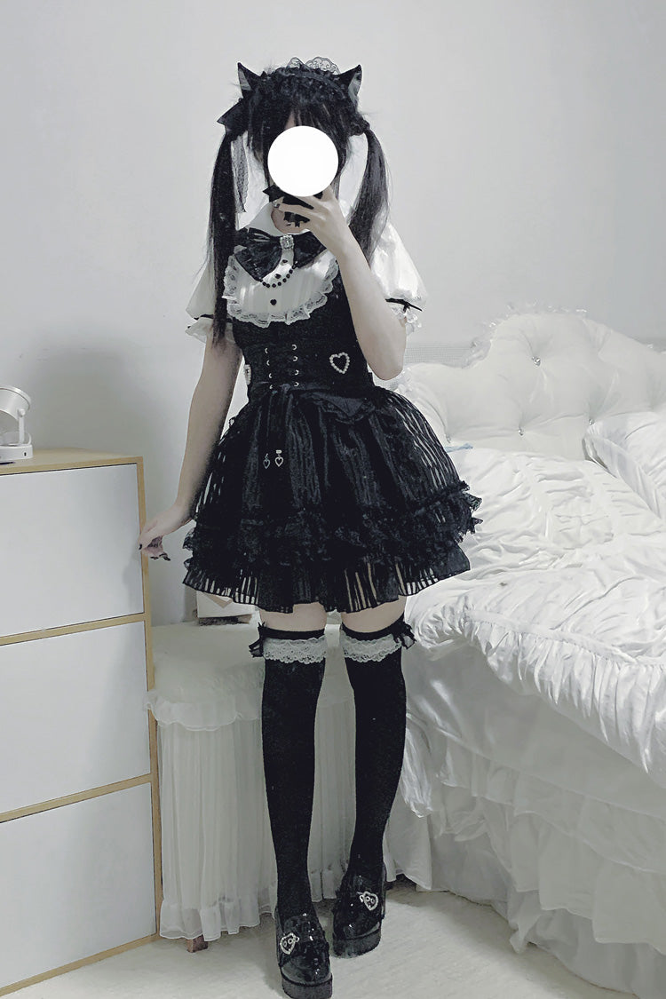 Black/White [Dream Night Song] Short Sleeves Stripe Print Bowknot Lace Gothic Jirai Kei Dress