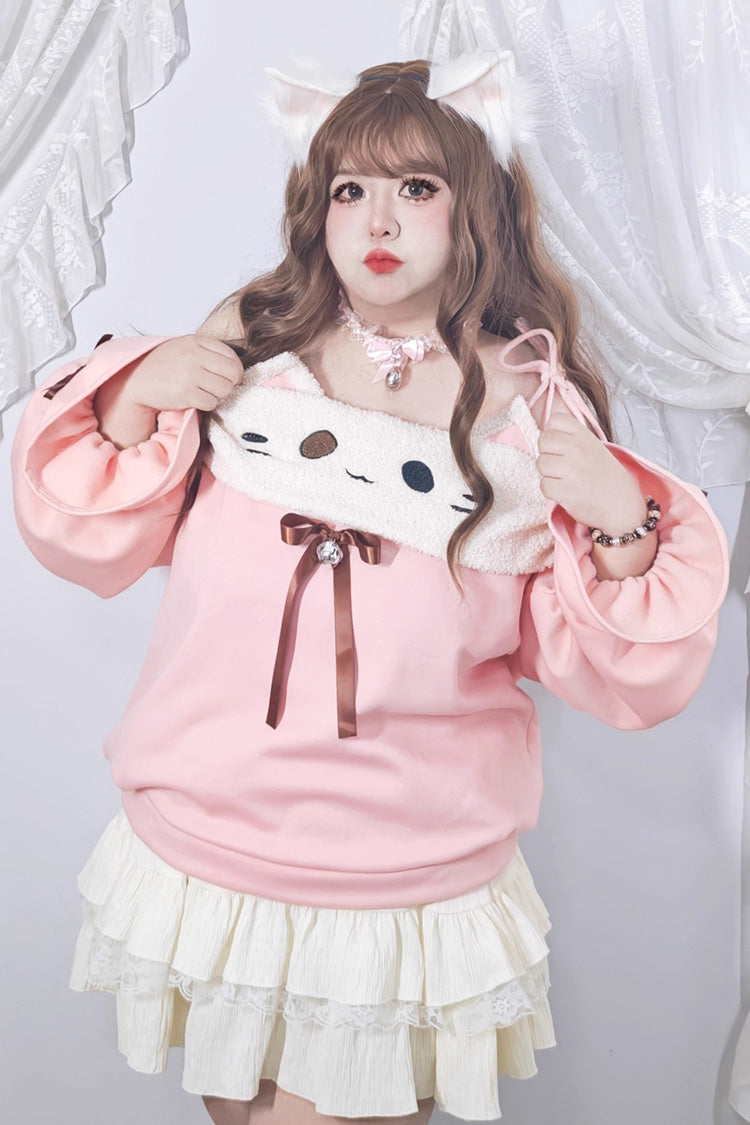 Pink/Beige [Kitten] Plus Size Boat Neck Long Lantern Sleeves Multi-Layered Ruffle Lace Sweet Lolita Skirt Set