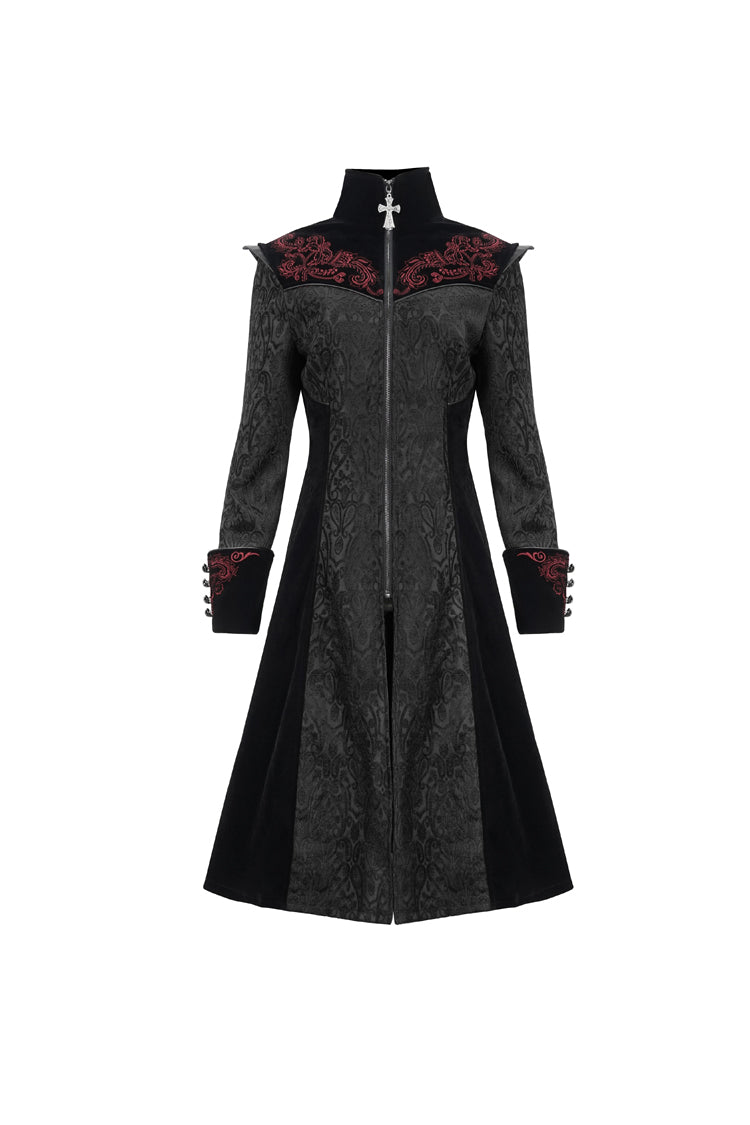Black Jacquard Studded Mushroom Buckle Metal Cross Embroidered Women's Gothic Coat