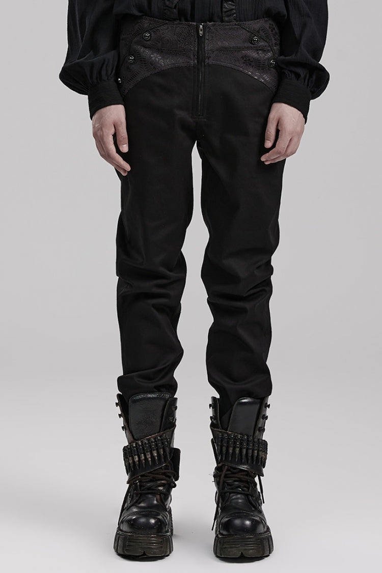 Black Leather Stitching Slim Front Zipper Men's Gothic Pants