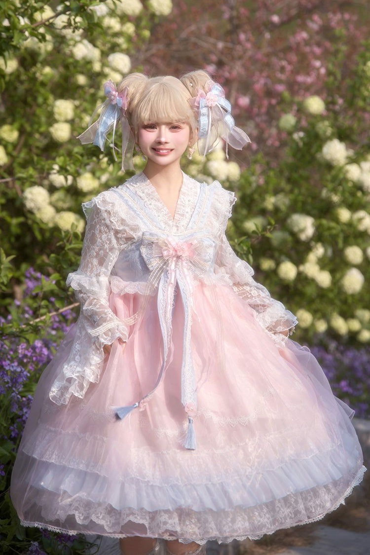 [Peach Blossoms in Spring Fields] Sleeveless Ruffle Bowknot Lace Sweet Chinese Style Lolita Jsk Dress 3 Colors