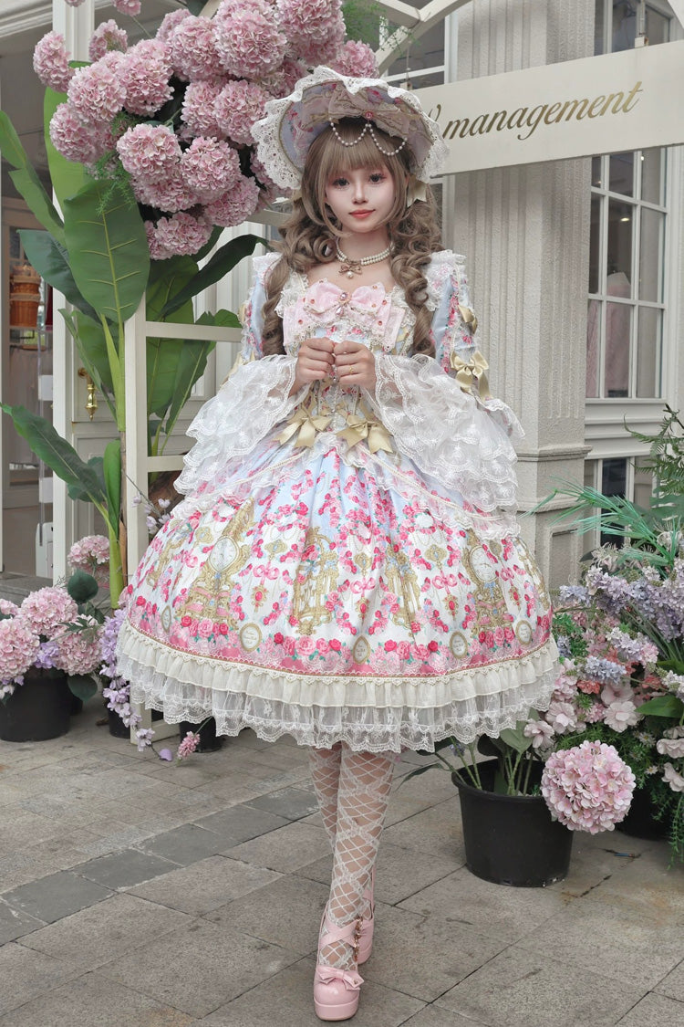 Robe Lolita douce à lacets, bleu/rose, col carré, manches longues trompette, imprimé, nœud à volants, dentelle, à lacets