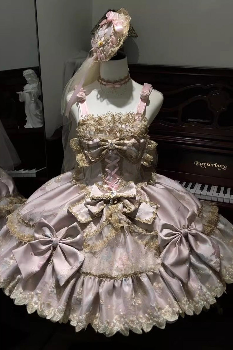 Süßes ärmelloses, gerüschtes, mit Folienprägung besticktes, vorne offenes, mit Schleife versehenes Spitze-Wunderschönes Lolita-JSK-Kleid in 4 Farben