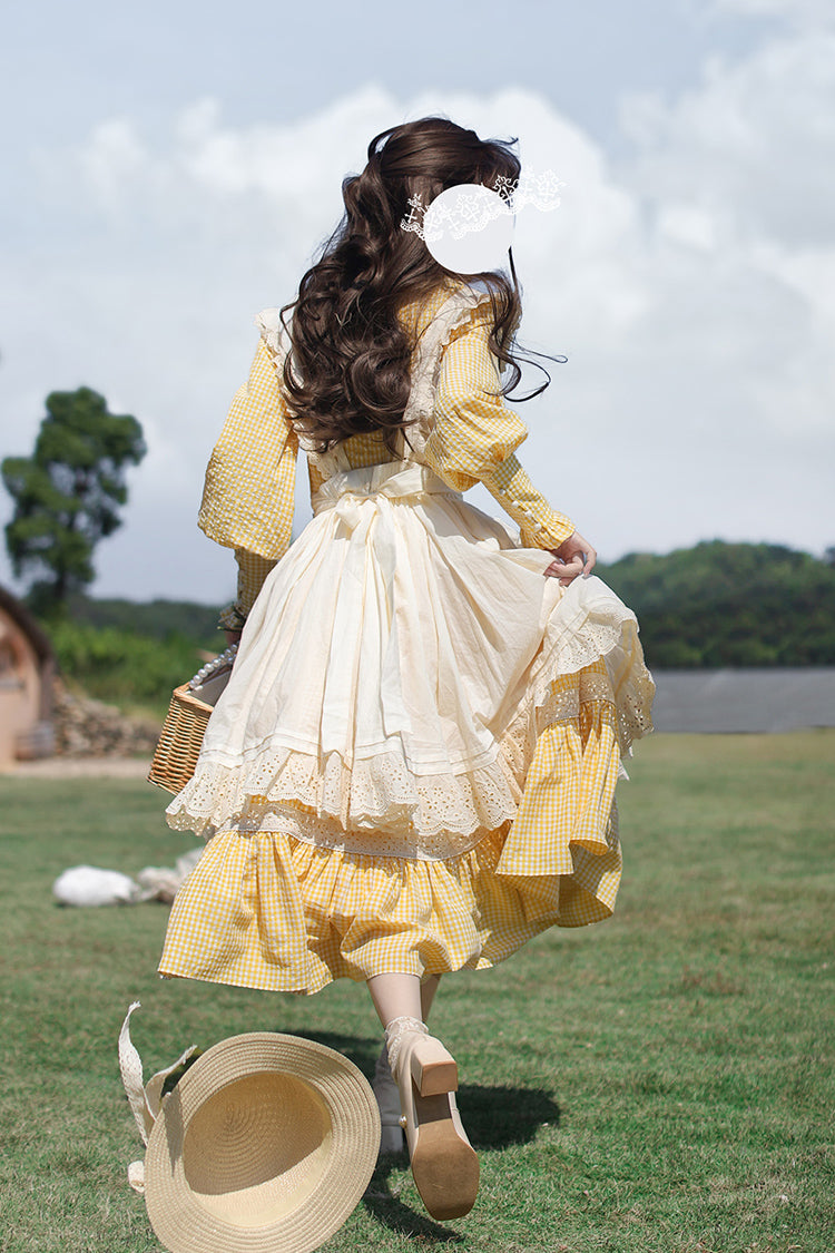 Yellow Long Sleeves Print Ruffle Lace-Up Sweet Elegant Lolita Dress