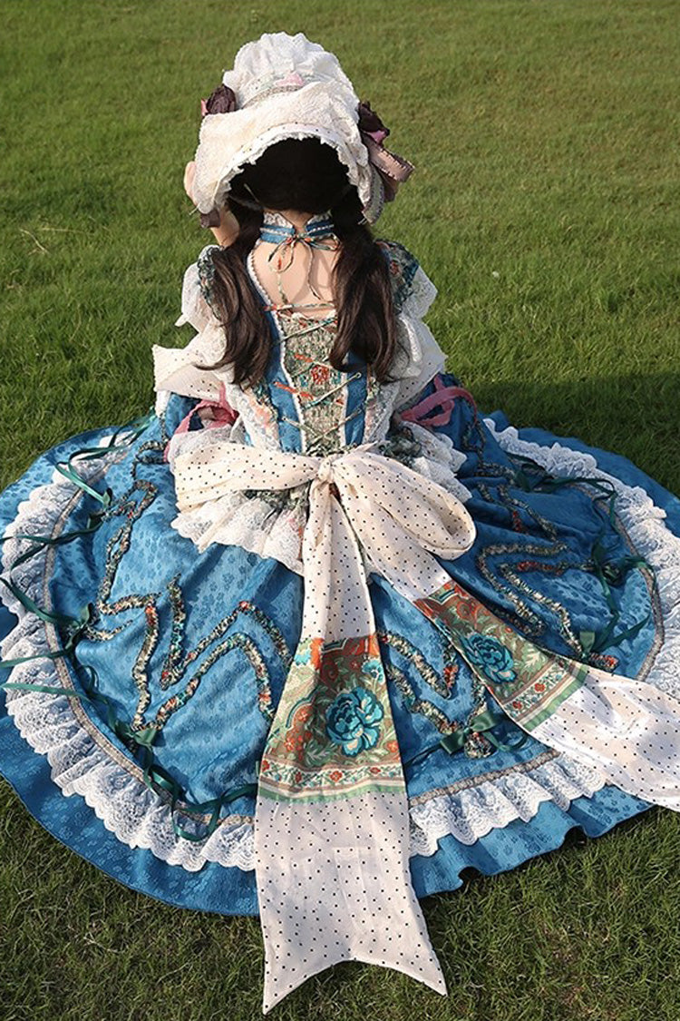 Blue [Lake Monet] Sleeveless High Waisted Print Ruffle Cardigan Bowknot Lace-Up Classic Vintage Elegant Princess Lolita Jsk Dress