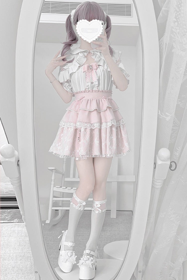 White/Pink Short Sleeves Triple-Layered Ruffle Bowknot Lace Jirai Kei Japanese Skirt Set