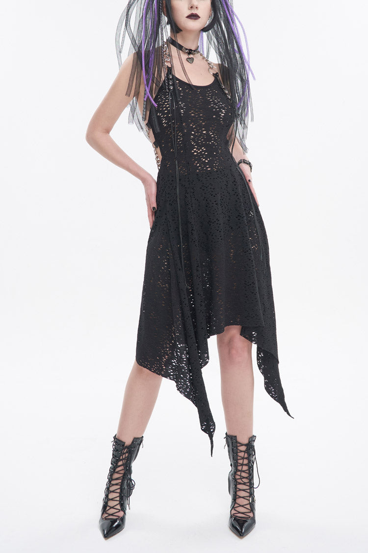 Black Irregular Pattern Wool Metal Chain Halter Neck Backless Women's Punk Dress