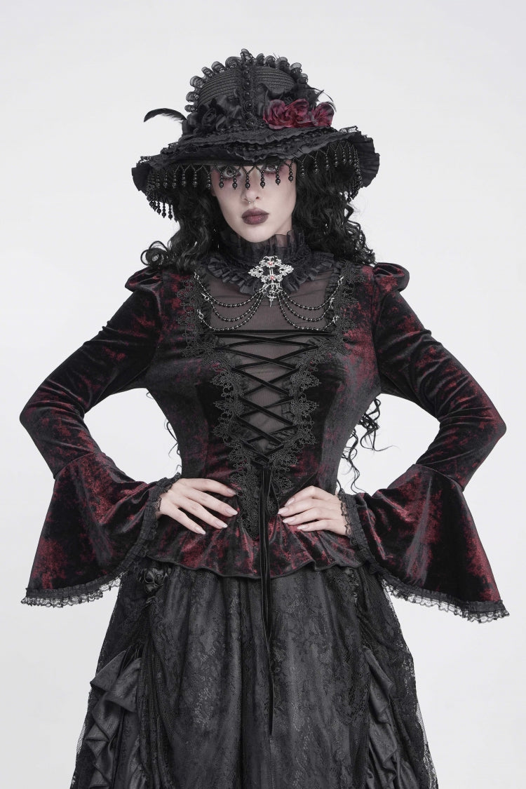 Red Stand Collar Long Trumpet Sleeves Lace Lace-Up Slim Fit Chain-Decorated Women's Gothic Elegant Luxurious Royal Velvet Top