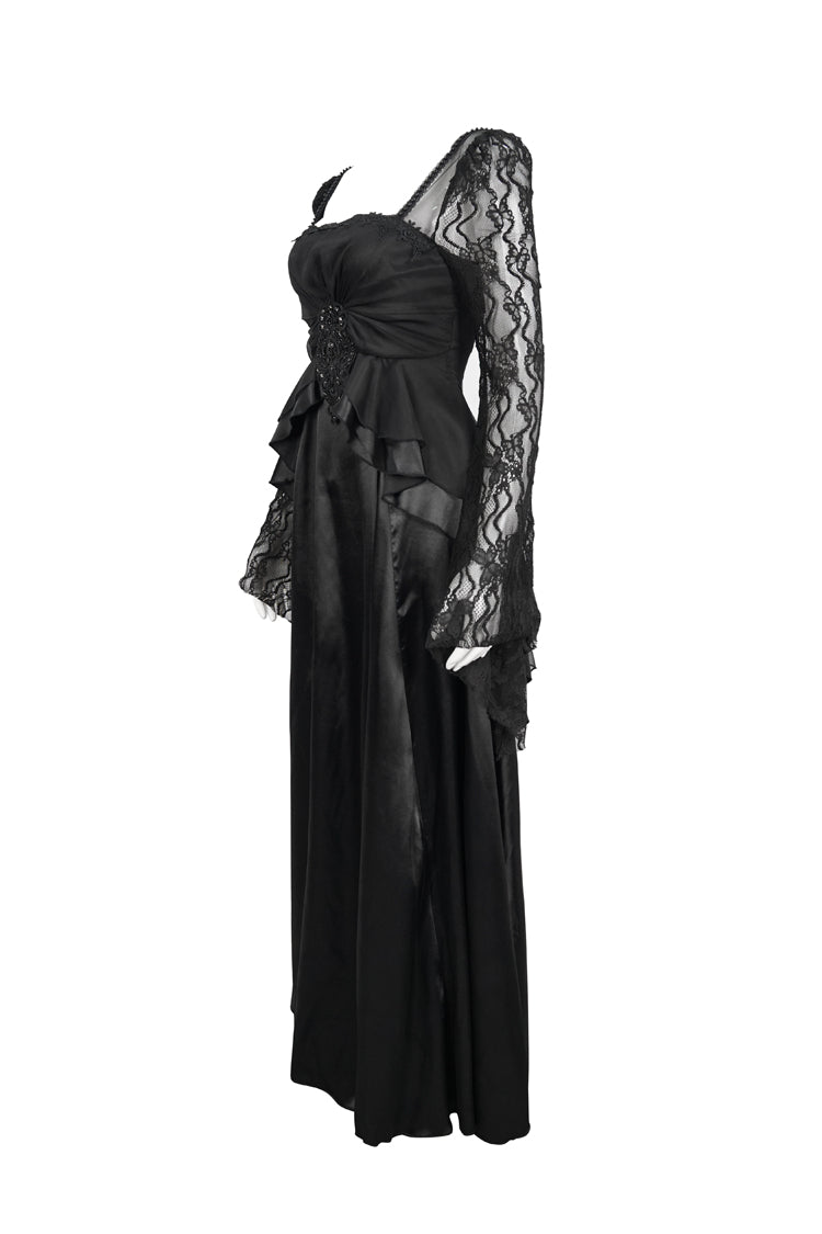 Black Lace Pointy Large Sleeves Back Middle Zipper Satin Long Floor Length Women's Gothic Dress