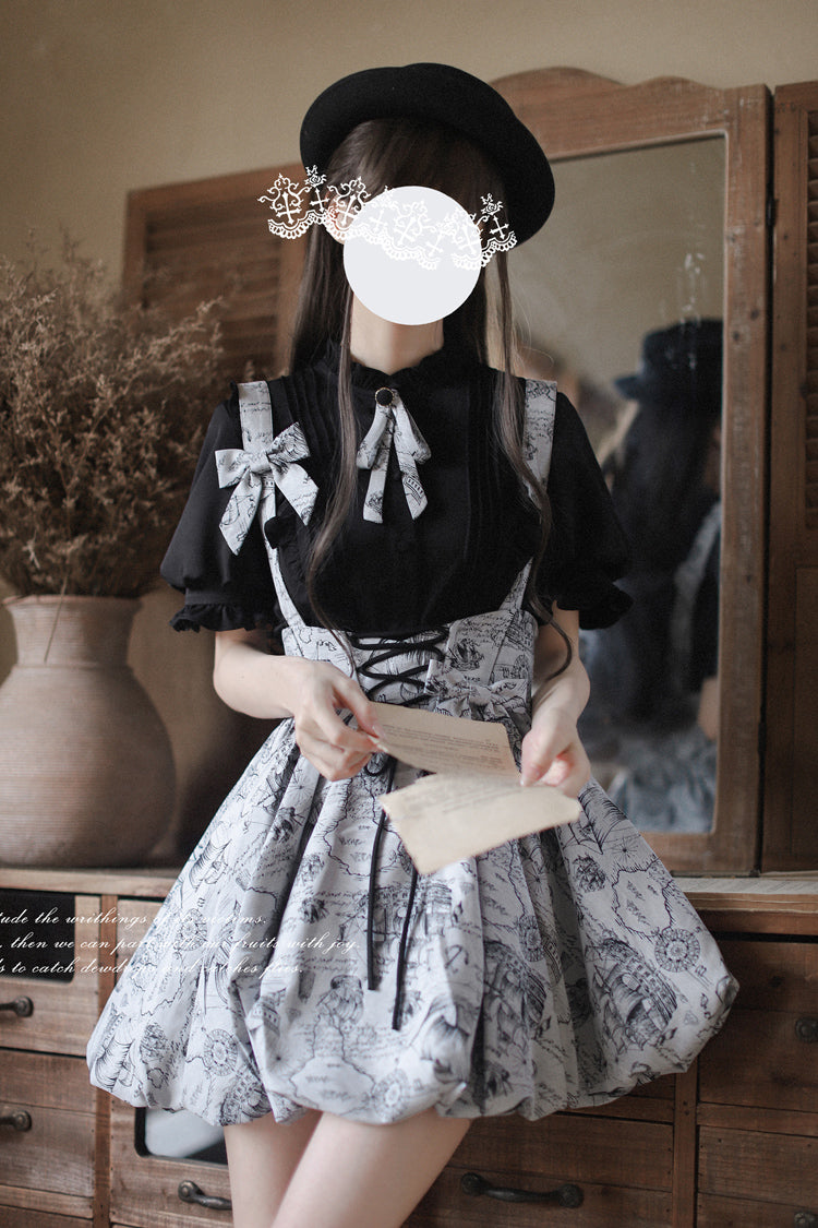 Grey [Elise] Print Bowknot Lace-Up Sweet Vintage Lolita Skirt
