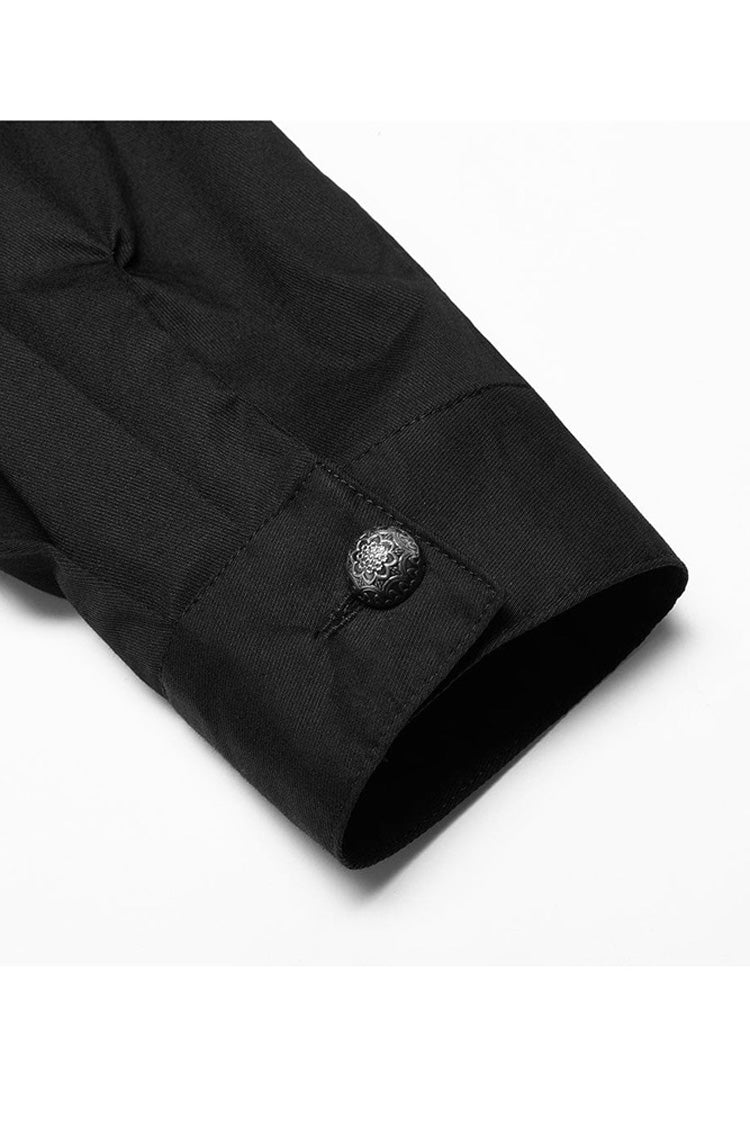 Black Gothic Delicate Decals Placket Pleated Ruffle Long Sleeve Men's Shirt