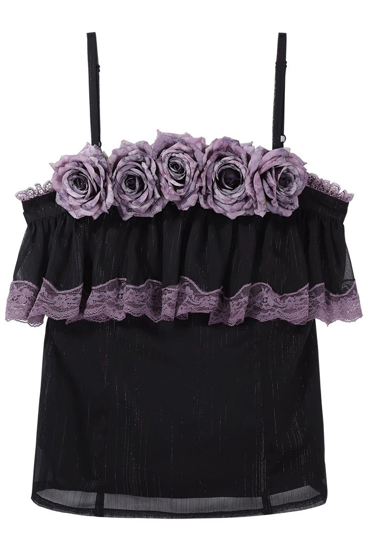 Black/Purple [Angel Garden] Sleeveless Print Ruffle Bowknot Lace Sweet Gothic Lolita Skirt Set