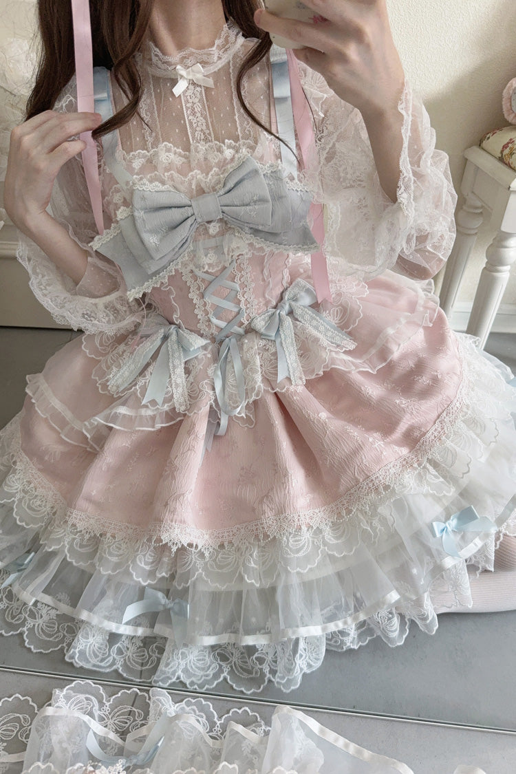 Pink [Fleishi Island] Sleeveless Ruffle Bowknot Lace Slim Sweet Ballet Lolita Jsk Dress