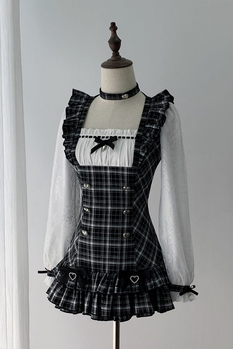 Black/White Square Collar Long Sleeves Jacquard Plaid Printed Ruffled Japanese Vintage Jirai Kei Dress