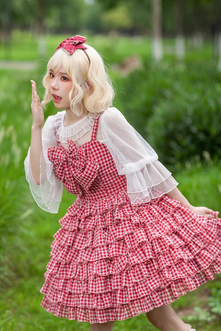 Multi-layer Plaid Print Ruffle Bowknot Sweet Lolita Tiered Dress 3 Colors