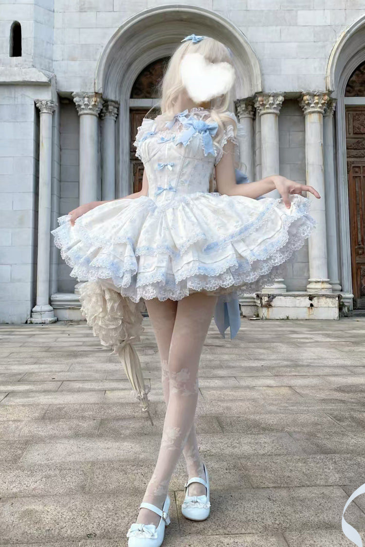 Blue [First Love Rose] Multi-Layered Print Ruffle Bowknot Lace Sweet Lolita Jsk Dress Set