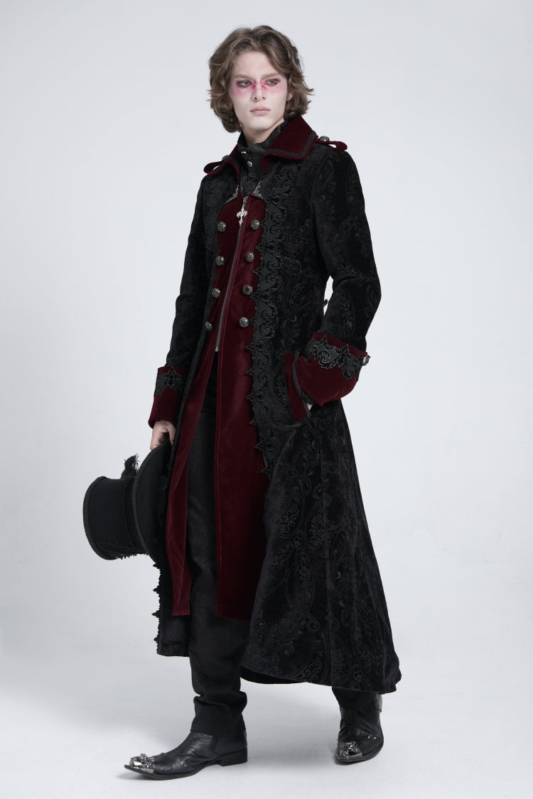 Black/Red Lapel Collar Embroidery Zipper Men's Gothic Handsome Coat