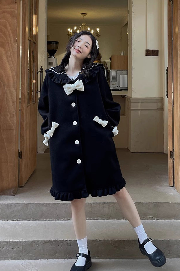Black [Bouquet Bear] Doll Collar Long Sleeves Ruffle Bowknot Princess Lolita Coat