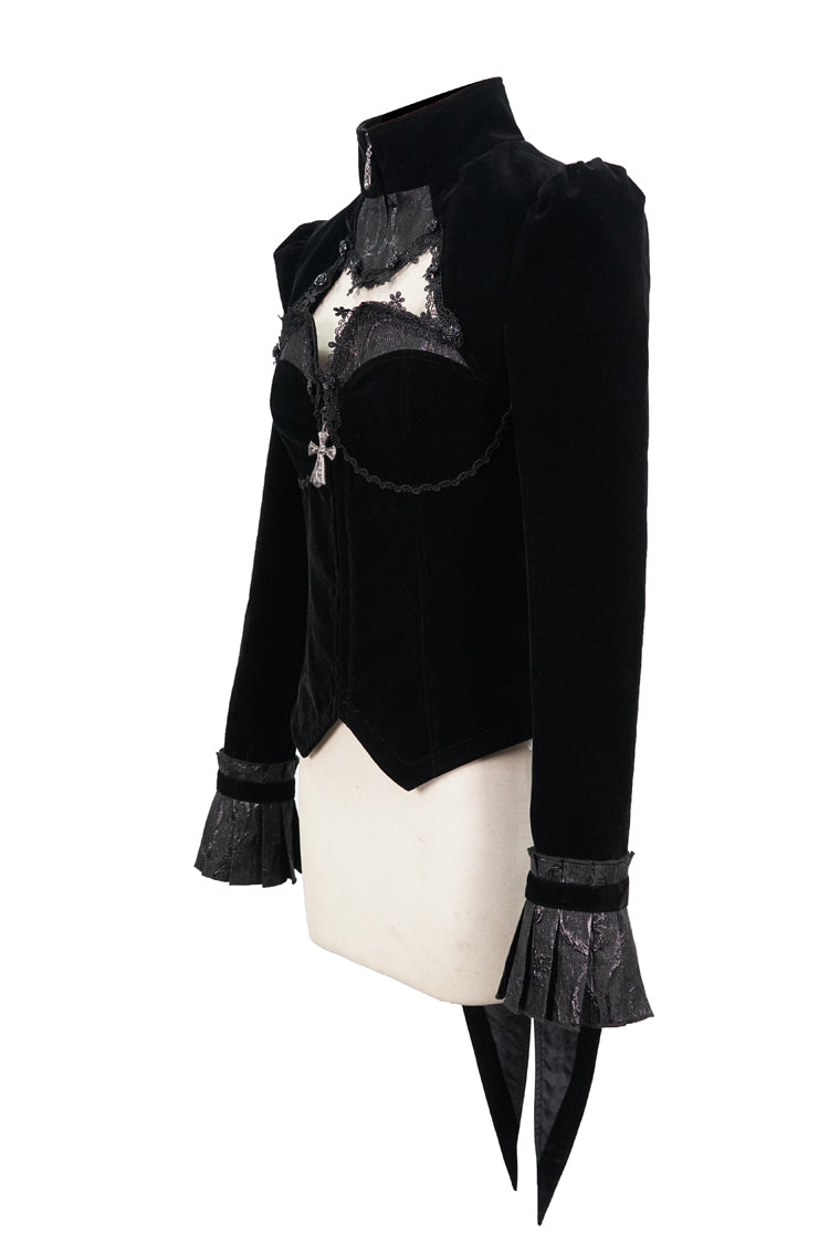 Black Vintage Shiny Jacquard Bat Cutout Applique Women's Gothic Jacket