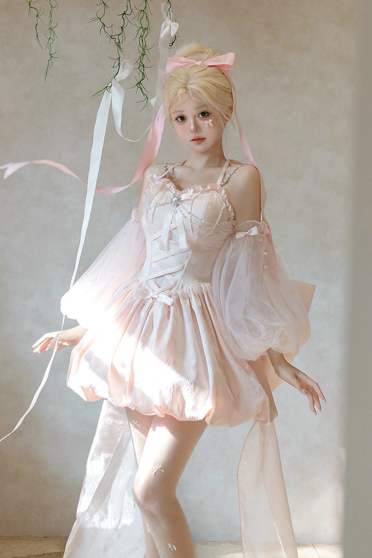 Pink [The Runaway Princess] Sleeveless Ruffle Bowknot Lace-Up Sweet Lolita Jsk Tulip Dress Set