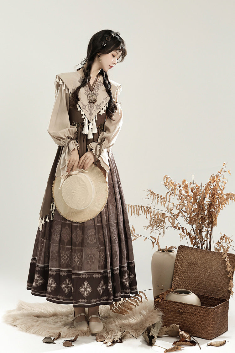 Brown [Mysterious Tribe] Long Lantern Sleeves Print Ruffle Asymmetric Sweet Chinese Style Lolita Dress