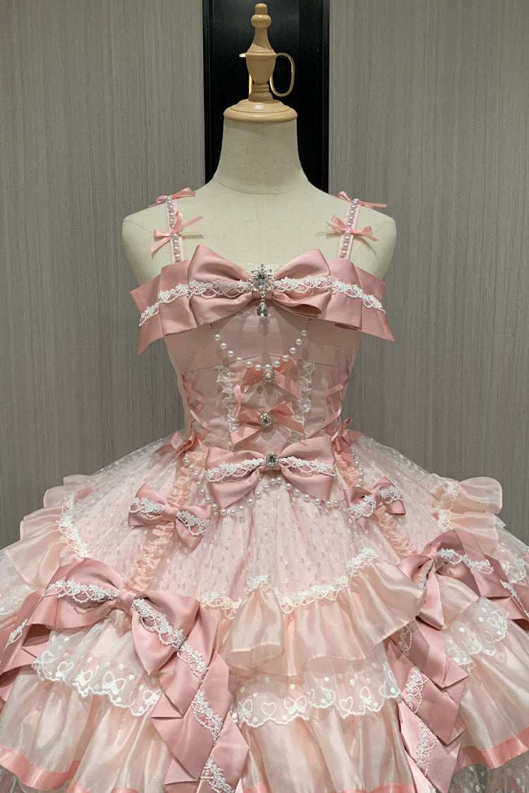 Pink [Gem Love] Sleeveless Triple-Layered Ruffle Bowknot Lace Sweet Ballet Lolita Jsk Dress