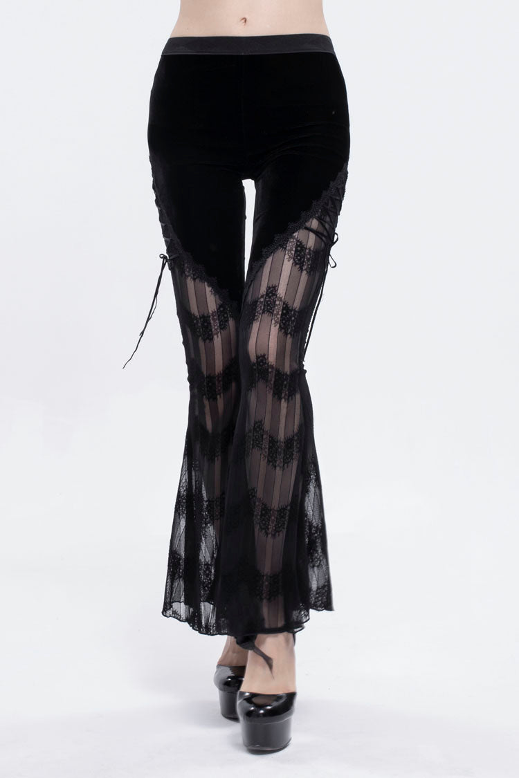 Black Striped Panel Semi Sheer Lace Up Long Women's Gothic Pants