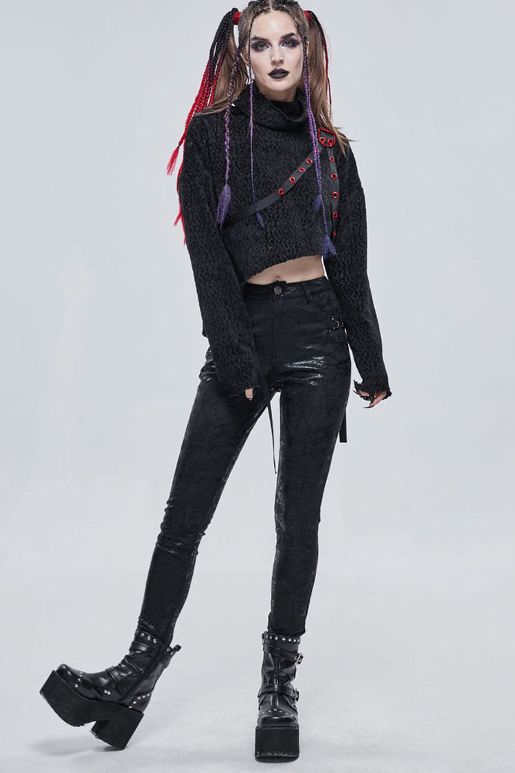 Black Punk Knitted Over Glue Metal Buckle Decoration Elasticity Leather Women's Leggings