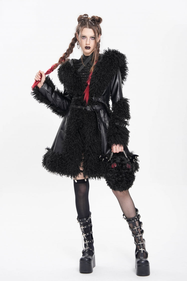 Black Long Sleeves Plush Stitching Buckle Hooded Straps Women's Punk Coat