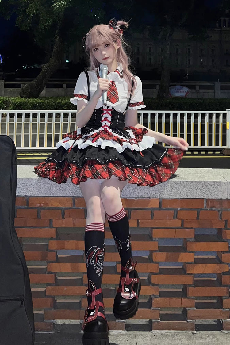 赤/白/黒のマルチレイヤーフリルオペラロックガールゴシックロリータストラップドレスセット