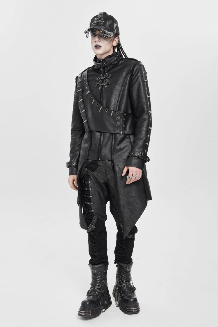 Black Stand Collar Rivet Buckle Zipper Men's Punk Coat