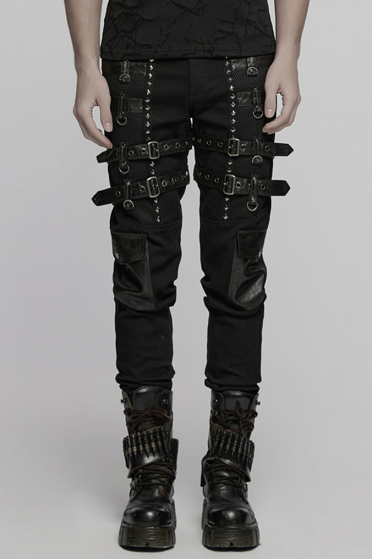 Black Stitching Mesh Buckle Straps Studded Men's Punk Pants