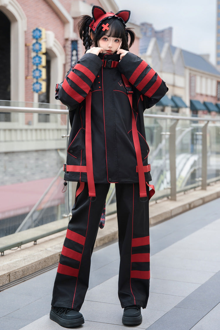 Black/Red Long Sleeves Print Cat Ears Hooded Jirai Kei Handsome Coat