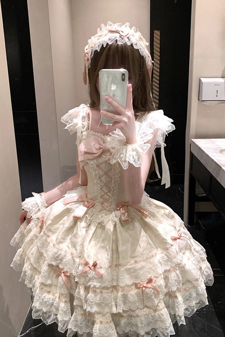 Abricot [Papillon de l'île Flora] Robe Lolita Jsk élégante et douce sans manches avec volants, nœud et laçage en dentelle 