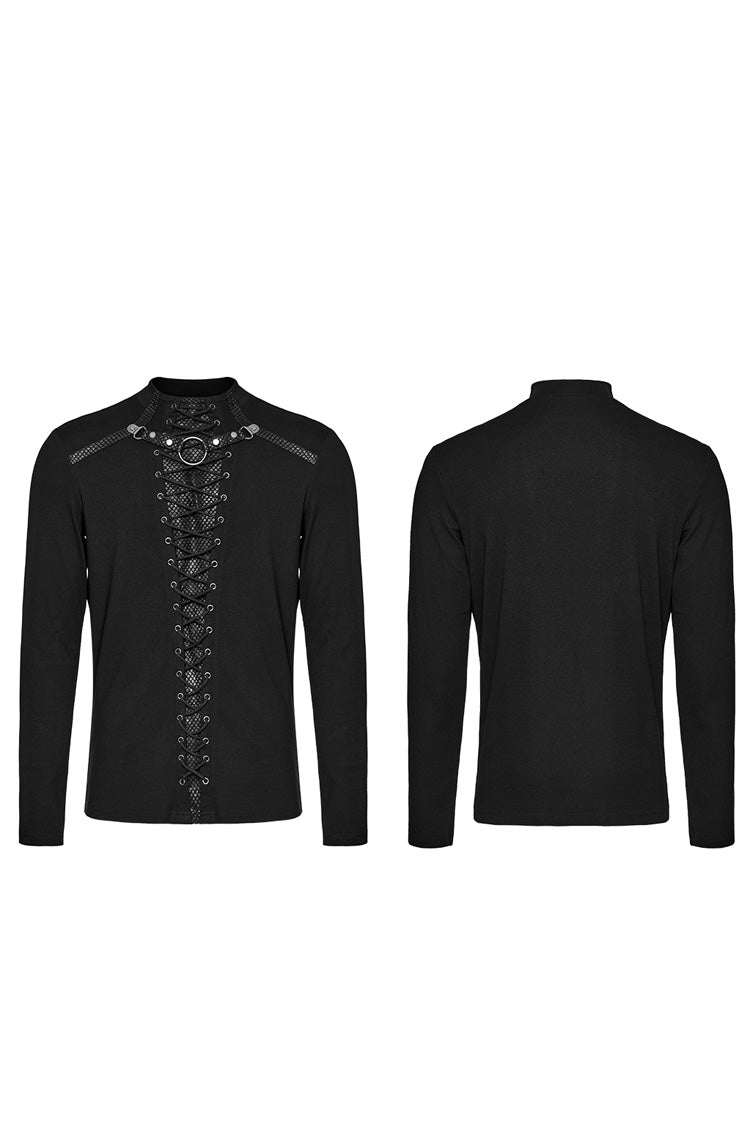 Black Long Sleeves Stitching Lace-Up Ripped Men's Punk Blouse