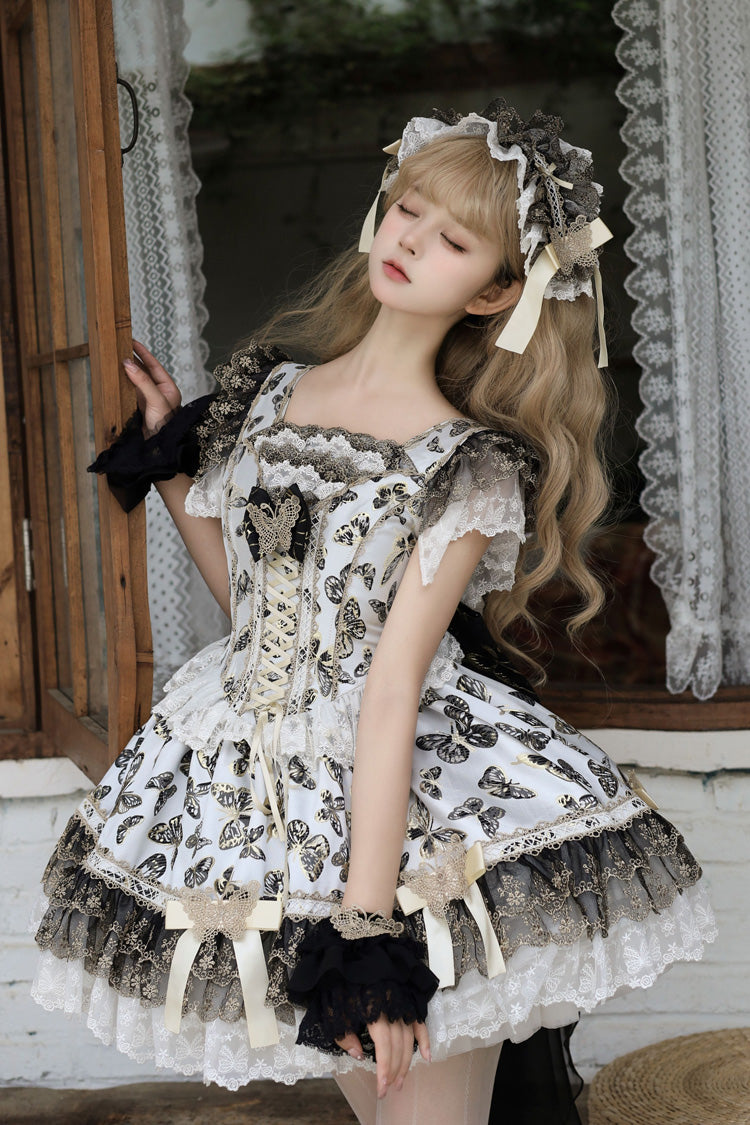 Cream [Golden Spirit • Dream Butterfly] Sleeveless Print Ruffle Bowknot Lace-Up Sweet Princess Lolita Jsk Dress Set
