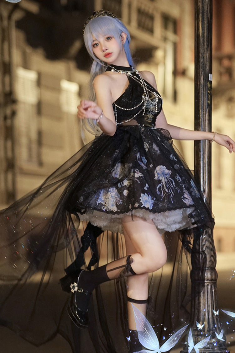 Blue [Deep Sea Jellyfish] Halterneck Sleeveless Print Embroidery Bowknot Lace Sweet Elegant Lolita Jsk Dress