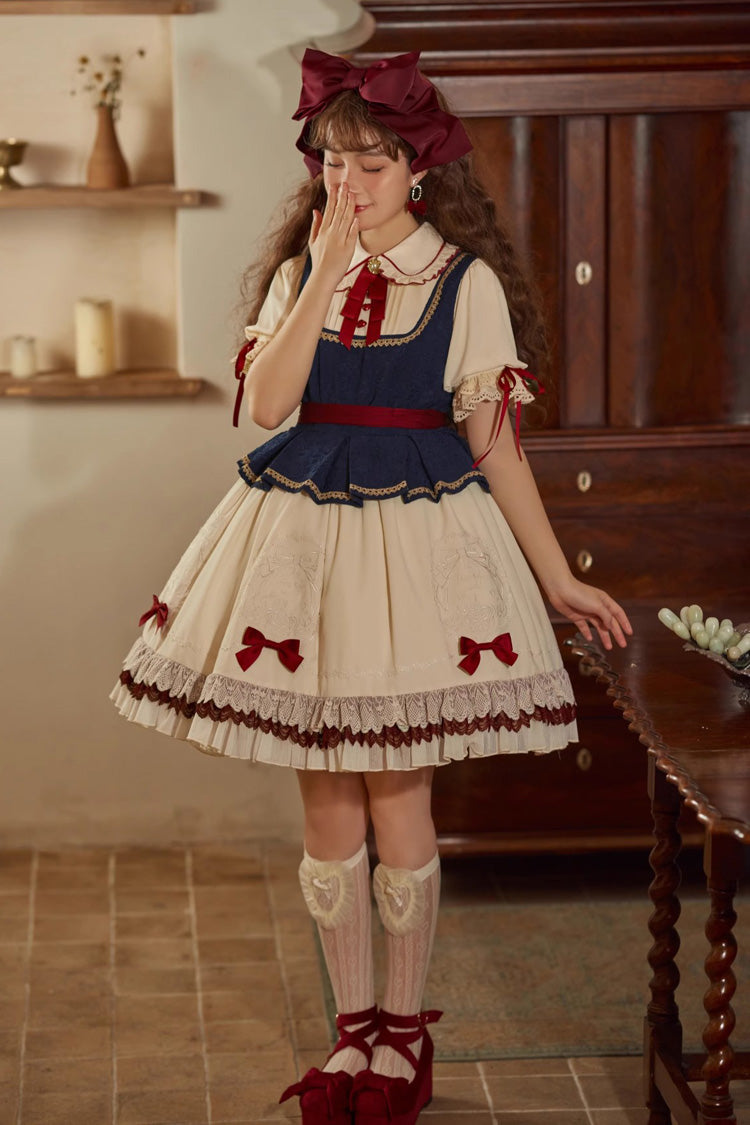 Multi-Color Snow White Lapel Collar Ruffle Short Sleeves Sweet Lolita Dress