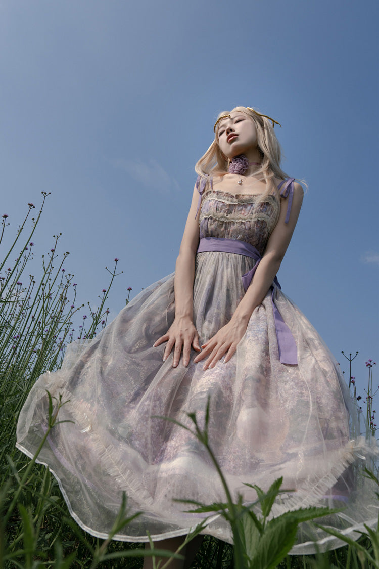 Peinture à l'huile violette [– À l'ombre des arbres en fleurs] Robe Jsk Lolita douce sans manches à imprimé volant avec nœud en dentelle 