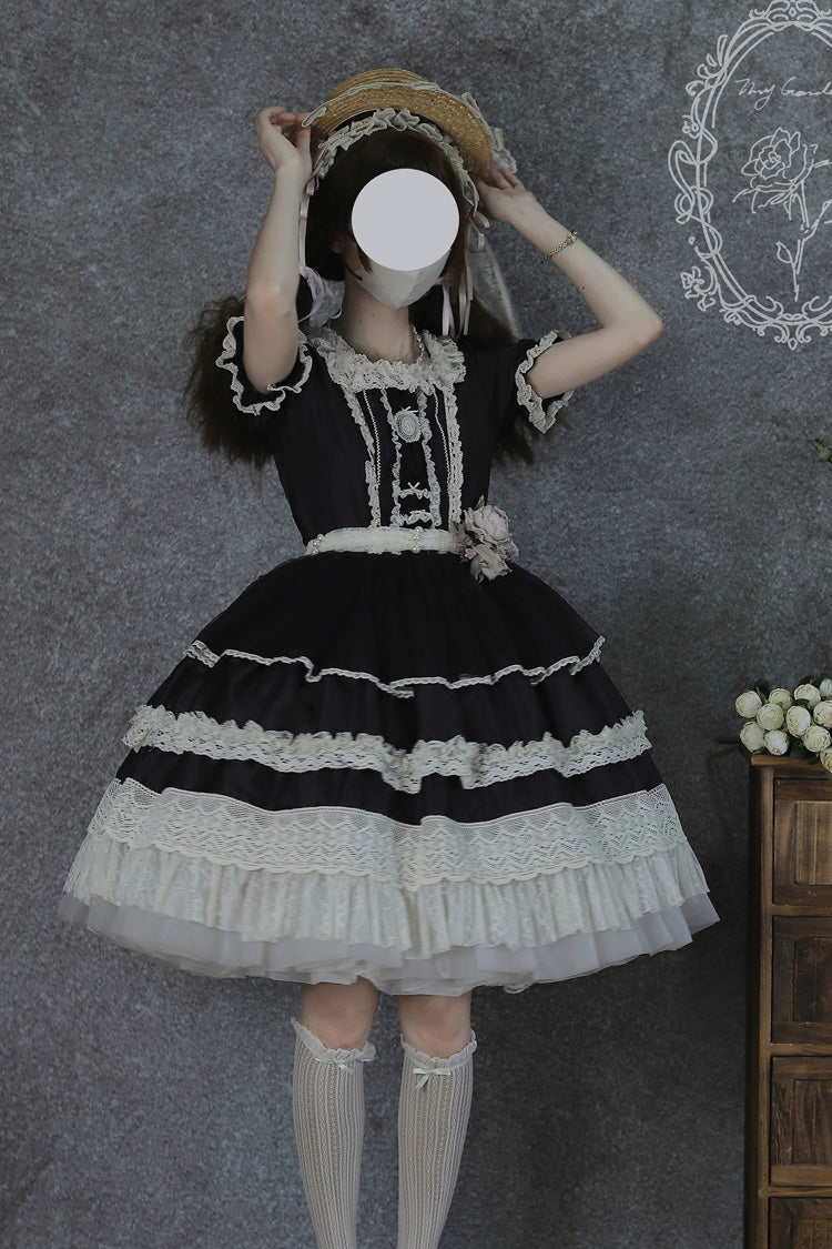 Black [Vintage Ball 3.0] Square Collar Short Sleeves Lace Pearl Detail Sweet Lolita Dress